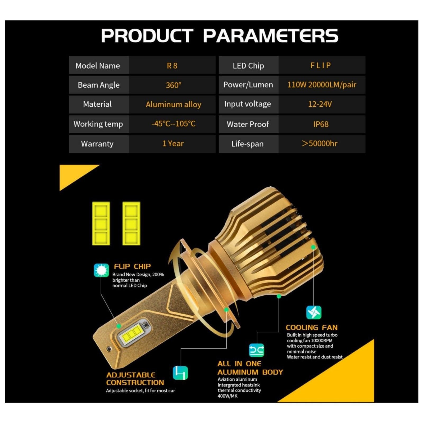 H4 9003 R8 20000 Lumens Product Parameters Flip Chip Adjustable Construction All in one aluminum body Cooling Fan Waterproof 1 Year Warranty